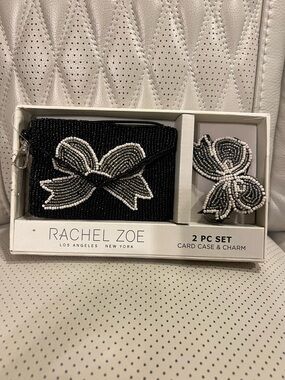 Rachel Zoe Black Beaded Card Case with White Bow Charm